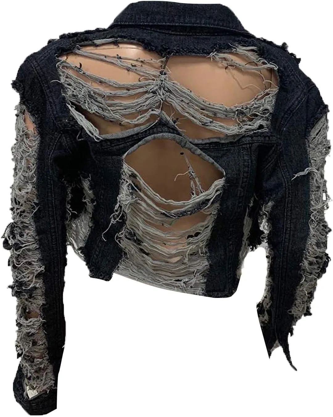 Voghtic Women Sexy Ripped Denim Jackets Lapel Button Down Short Crop Top Jeans Coat