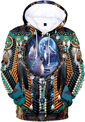 WENKOMG1 Mens Ethnic Printed Hoodies Long Sleeve Winter Fall American Indian Sweatshirt Native Style Graphic Pullover