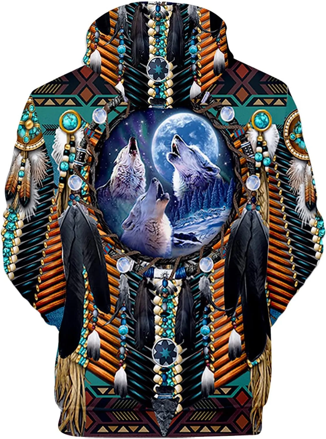 WENKOMG1 Mens Ethnic Printed Hoodies Long Sleeve Winter Fall American Indian Sweatshirt Native Style Graphic Pullover