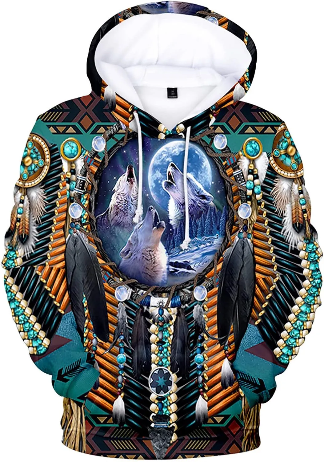 WENKOMG1 Mens Ethnic Printed Hoodies Long Sleeve Winter Fall American Indian Sweatshirt Native Style Graphic Pullover