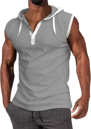 WENKOMG1 Mens Henley Tank Tops Solid Sleeveless Workout Hoodie Shirt Summer V Neck Button Down Active Hooded Gym Tees
