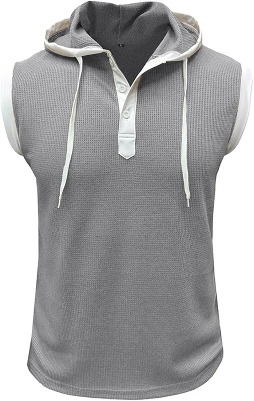 WENKOMG1 Mens Henley Tank Tops Solid Sleeveless Workout Hoodie Shirt Summer V Neck Button Down Active Hooded Gym Tees