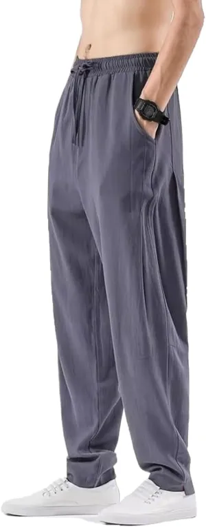 WOLONG Beach Thin Cotton Linen Pants Men Casual Loose Drawstring Lace-Up Straight Trousers Spring Summer Men Long Pants