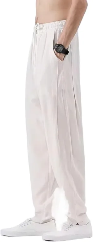 WOLONG Beach Thin Cotton Linen Pants Men Casual Loose Drawstring Lace-Up Straight Trousers Spring Summer Men Long Pants