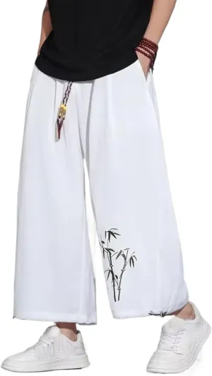 WOLONG Men Summer Pants Men Print Casual Loose Trouser Beach Pants for Men Elastic Waist Pants