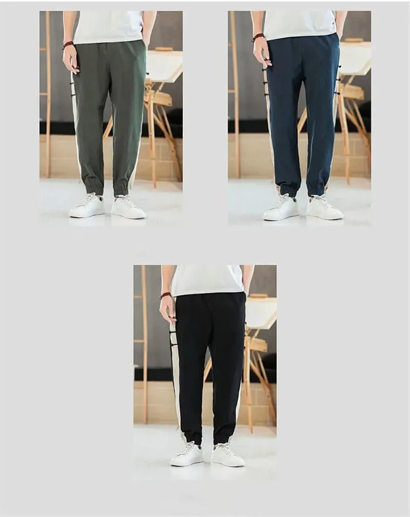 WOLONG Summer Men Cotton Linen Harem Pants Patchwork Joggers Casual Long Trousers Loose Sweatpants