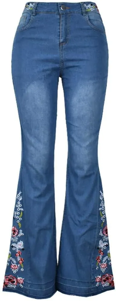 Women Bell Bottom Embroidered Gothic Floral Print Bootcut Western Jeans