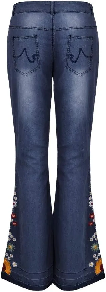 Women Bell Bottom Embroidered Gothic Floral Print Bootcut Western Jeans