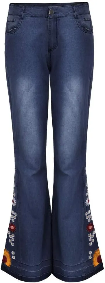 Women Bell Bottom Embroidered Gothic Floral Print Bootcut Western Jeans