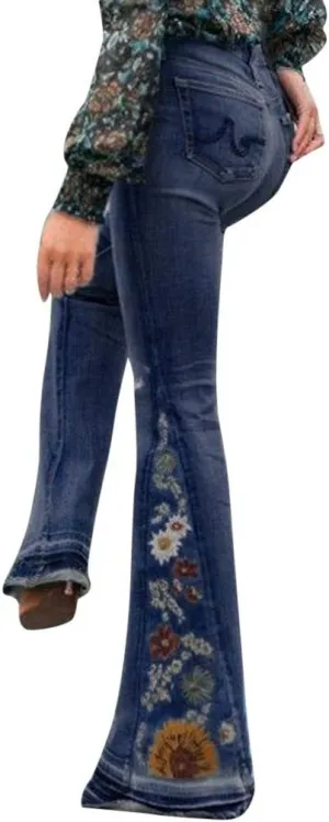 Women Bell Bottom Embroidered Gothic Floral Print Bootcut Western Jeans