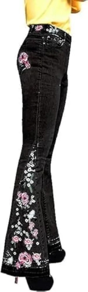 Women Bell Bottom Embroidered Gothic Floral Print Bootcut Western Jeans