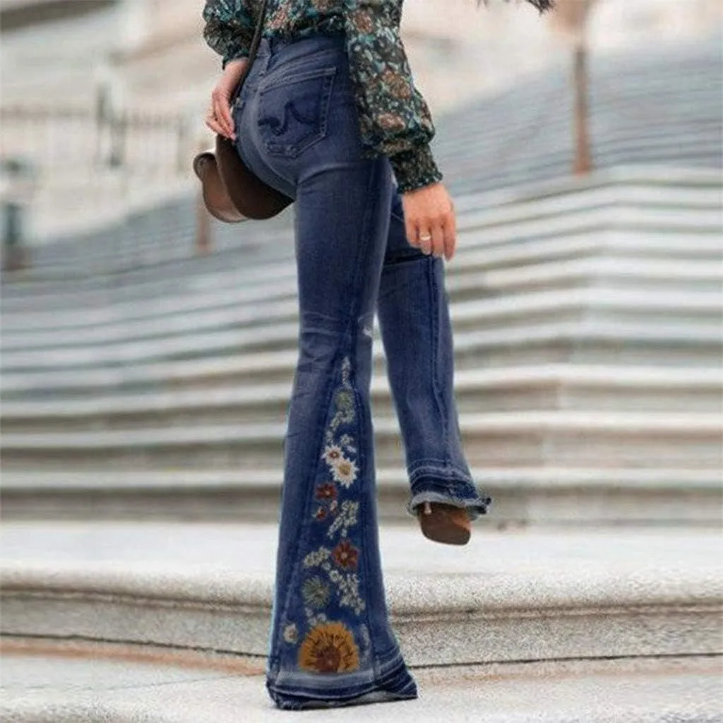 Women Bell Bottom Embroidered Gothic Floral Print Bootcut Western Jeans