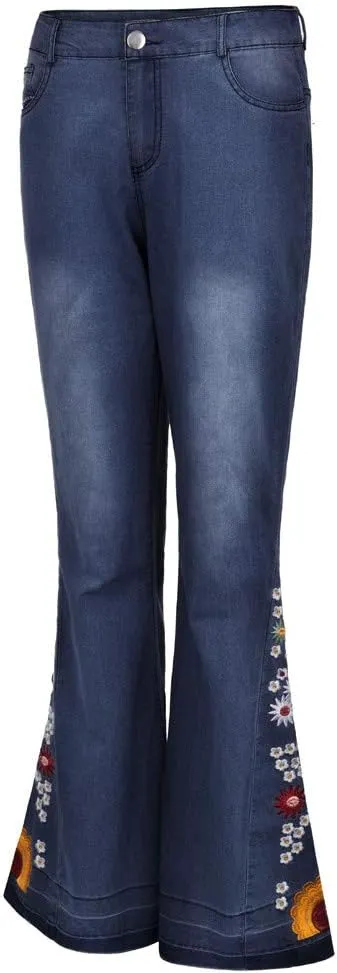 Women Bell Bottom Embroidered Gothic Floral Print Bootcut Western Jeans