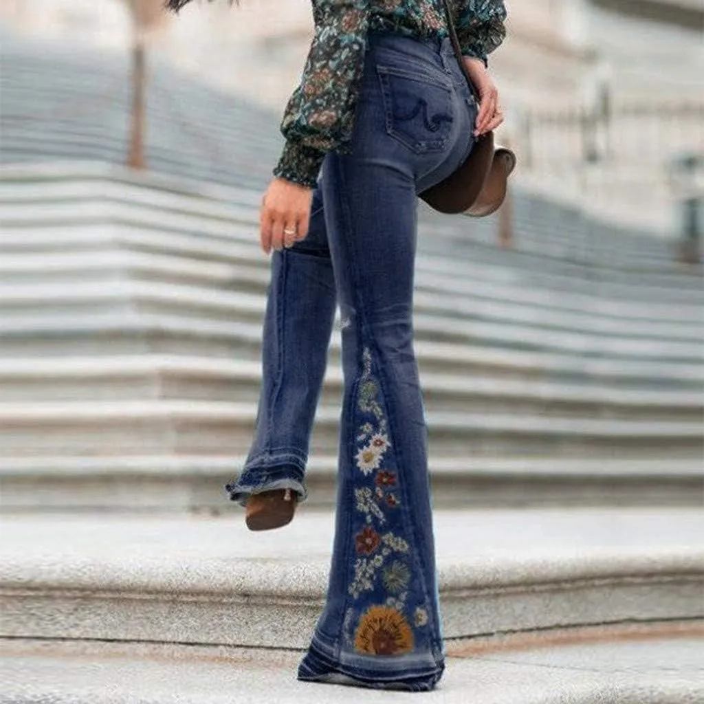 Women Bell Bottom Embroidered Gothic Floral Print Bootcut Western Jeans