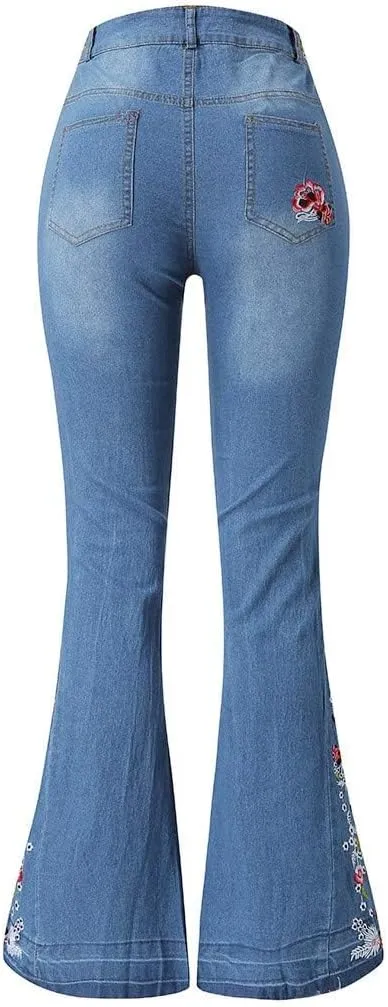 Women Bell Bottom Embroidered Gothic Floral Print Bootcut Western Jeans