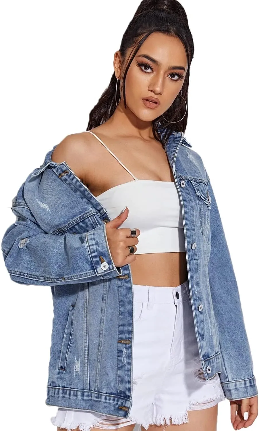 Women Casual Oversize Denim Jackets Mid Long Vintage Ripped Jean Coats