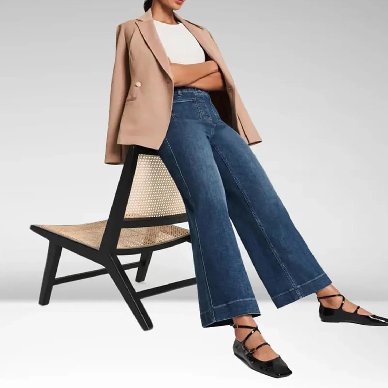 Women Favorite Tummy Control Jeans High Waisted Straight Ankle Stretch Wide-Leg Flared Jeans with Patch Pocket