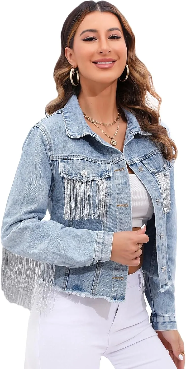 Women Fringe Denim Jackets Casual Oversized Jean Coats