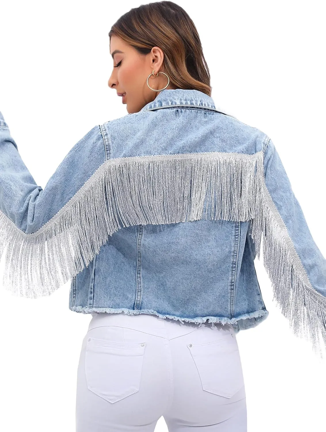 Women Fringe Denim Jackets Casual Oversized Jean Coats