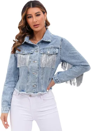 Women Fringe Denim Jackets Casual Oversized Jean Coats