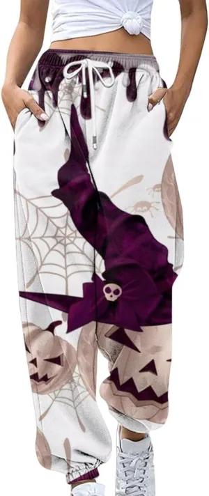 Women Halloween Sweatpants High Waisted Print Casual Pants Sweatpants Pants Ghost Print Joggers High Young Adult