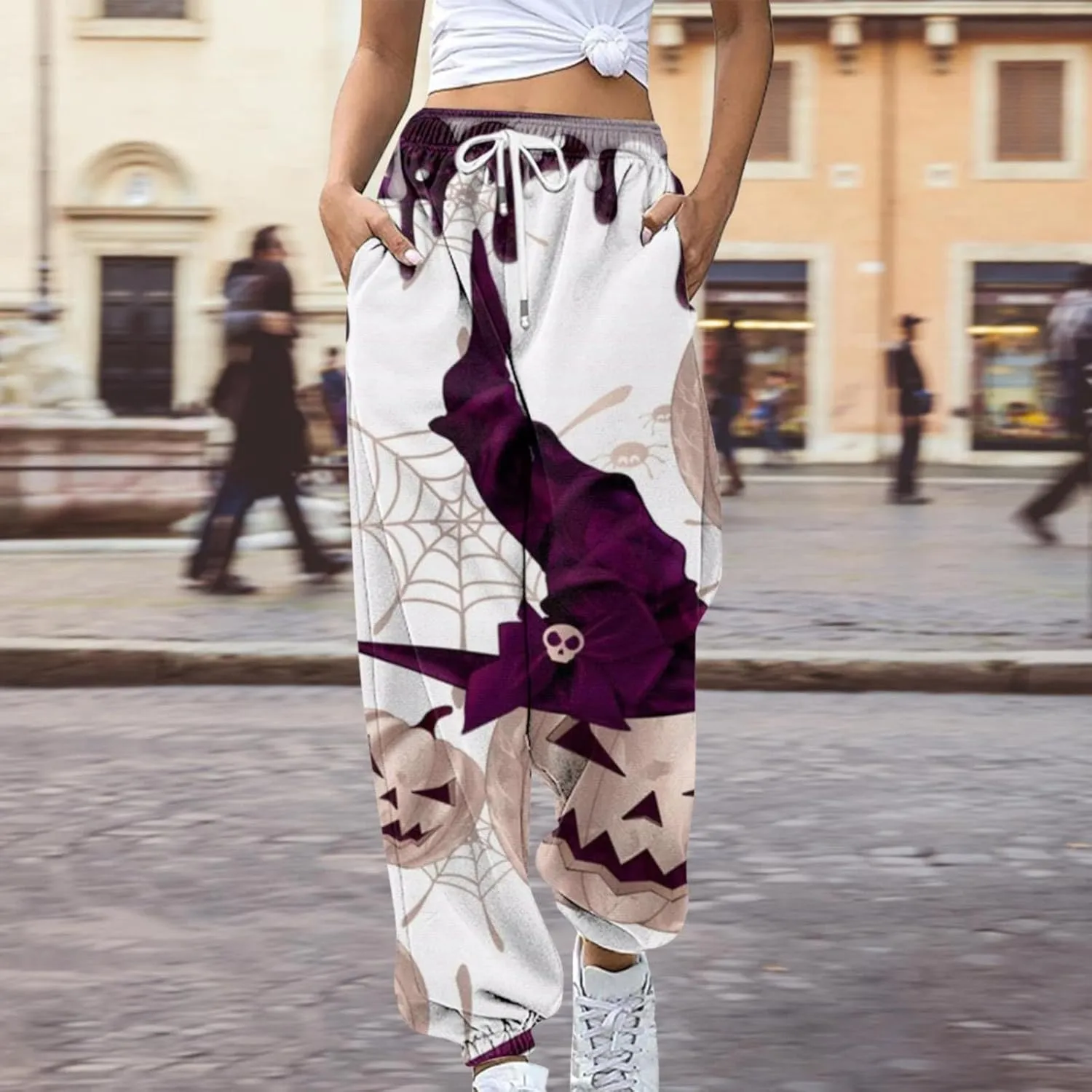 Women Halloween Sweatpants High Waisted Print Casual Pants Sweatpants Pants Ghost Print Joggers High Young Adult
