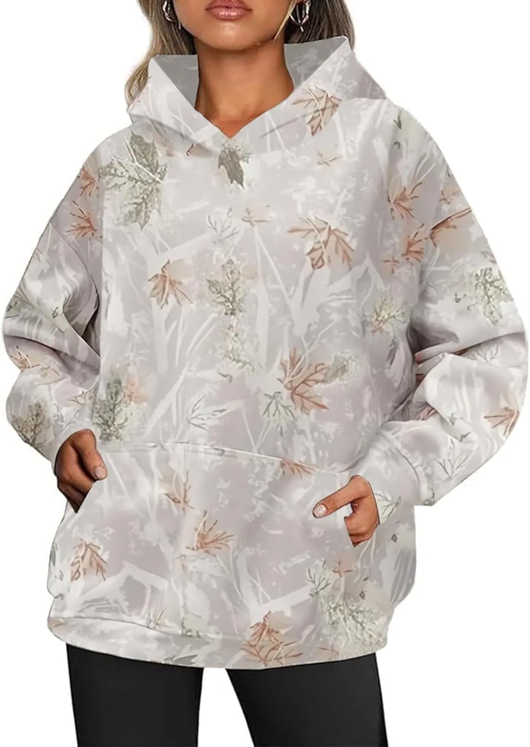 Women Oversized Maple Leaf Print Camo Hoodie Pullover Jumper Workout Hooded Fleece Sweatshirt With Front Pocket
