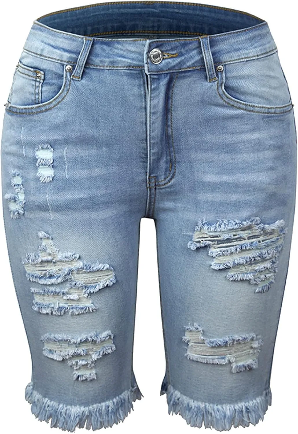 Women Ripped Stretchy Y2K Long Jean Shorts Mid Rise Knee Length Cut Off High Waisted Frayed Distressed Bermuda Shorts