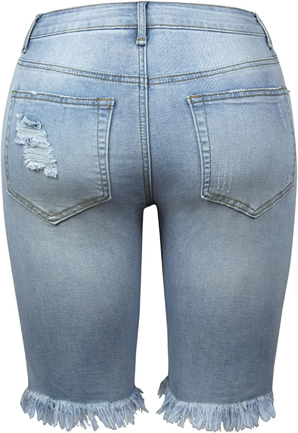 Women Ripped Stretchy Y2K Long Jean Shorts Mid Rise Knee Length Cut Off High Waisted Frayed Distressed Bermuda Shorts