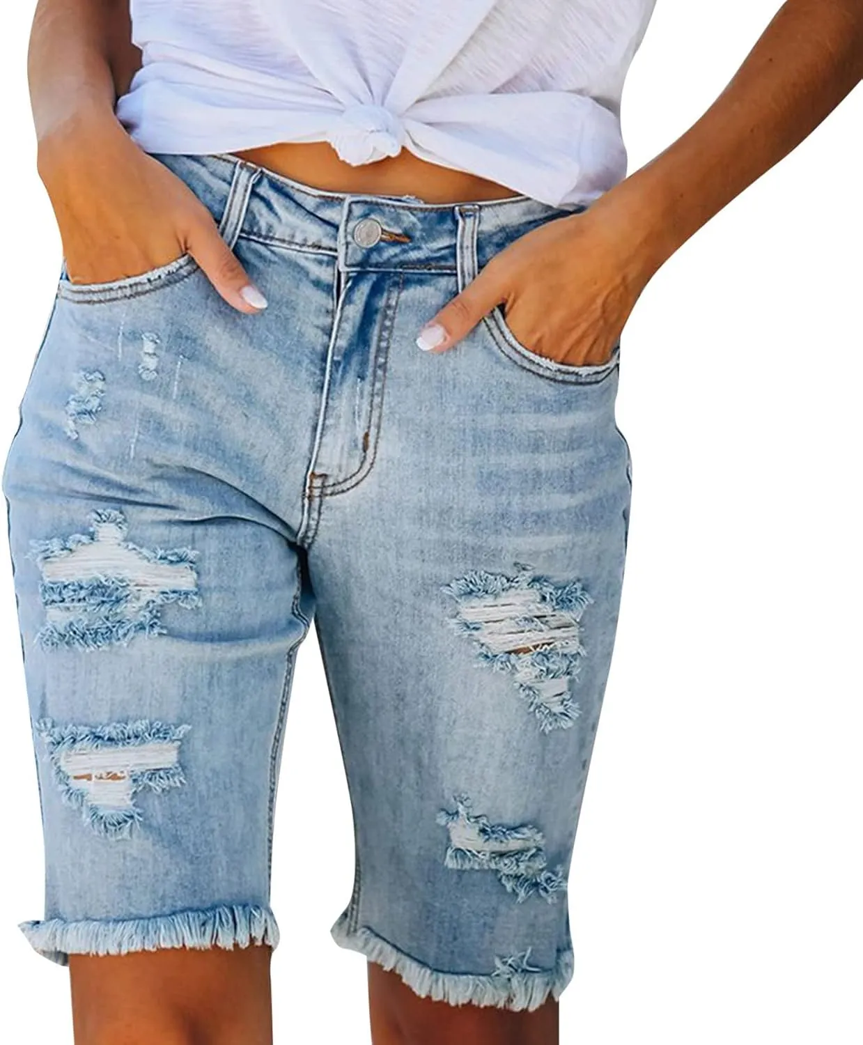 Women Ripped Stretchy Y2K Long Jean Shorts Mid Rise Knee Length Cut Off High Waisted Frayed Distressed Bermuda Shorts