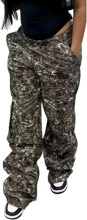 Womens Camo Cargo Pants High Waist Baggy Straight Wide Leg Camouflage Army Fatigue Jean Trousers Pockets Sweatpants