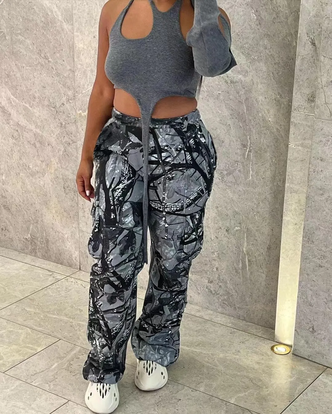 Womens Camo Cargo Pants High Waist Baggy Straight Wide Leg Camouflage Army Fatigue Jean Trousers Pockets Sweatpants