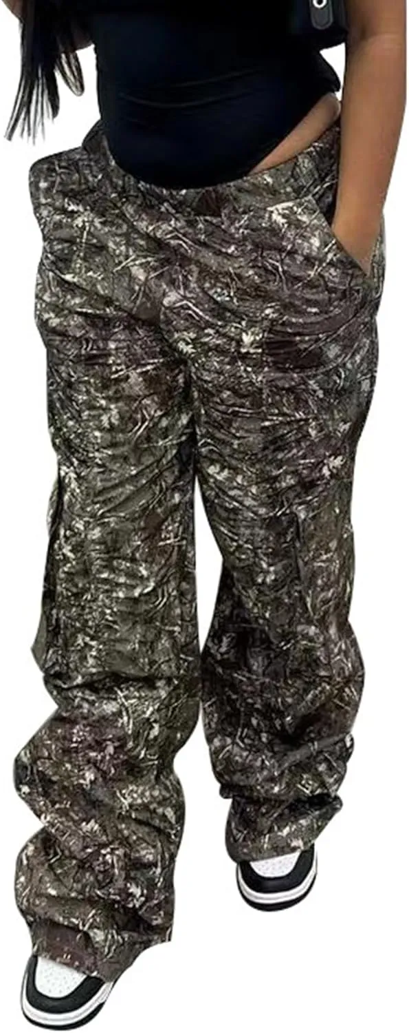 Womens Camo Cargo Pants High Waist Baggy Straight Wide Leg Camouflage Army Fatigue Jean Trousers Pockets Sweatpants