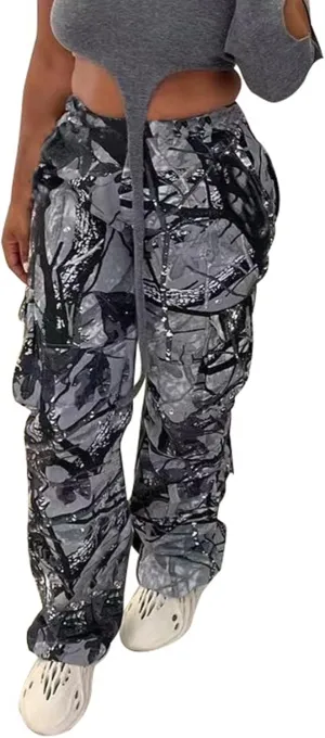 Womens Camo Cargo Pants High Waist Baggy Straight Wide Leg Camouflage Army Fatigue Jean Trousers Pockets Sweatpants