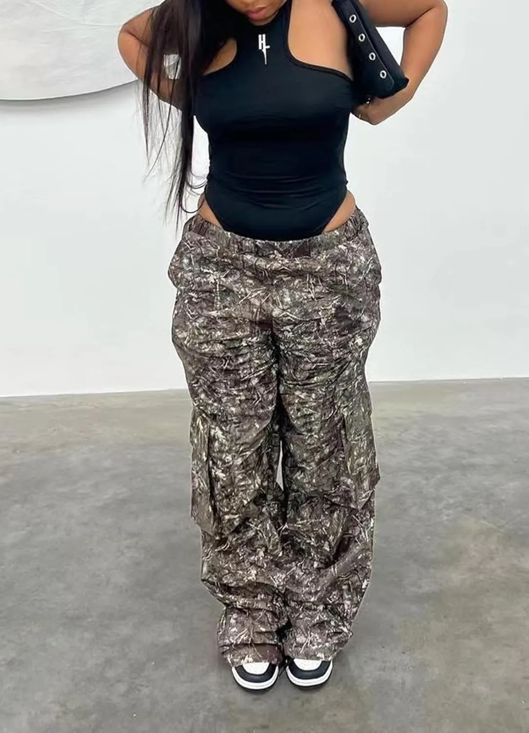 Womens Camo Cargo Pants High Waist Baggy Straight Wide Leg Camouflage Army Fatigue Jean Trousers Pockets Sweatpants