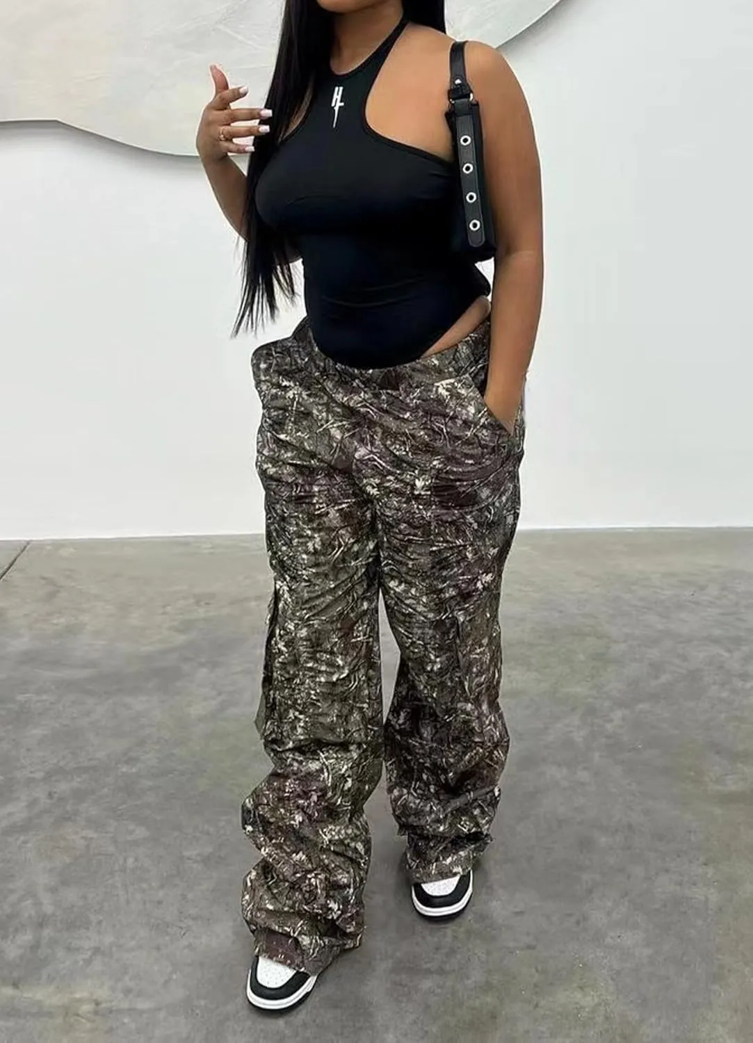 Womens Camo Cargo Pants High Waist Baggy Straight Wide Leg Camouflage Army Fatigue Jean Trousers Pockets Sweatpants