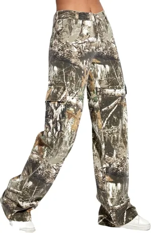 Women's Camo Cargo Pants High Waist Baggy Wide Leg Camouflage Army Fatigue Slim Fit Pockets Joggers Sweatpants