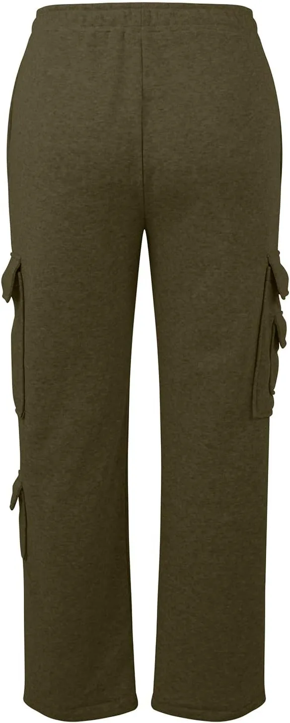 Womens Cargo Sweatpants Oversized Fleece Joggers with Pockets Elastic Waist Cargo Pants Baggy Straight Leg Sweatpants