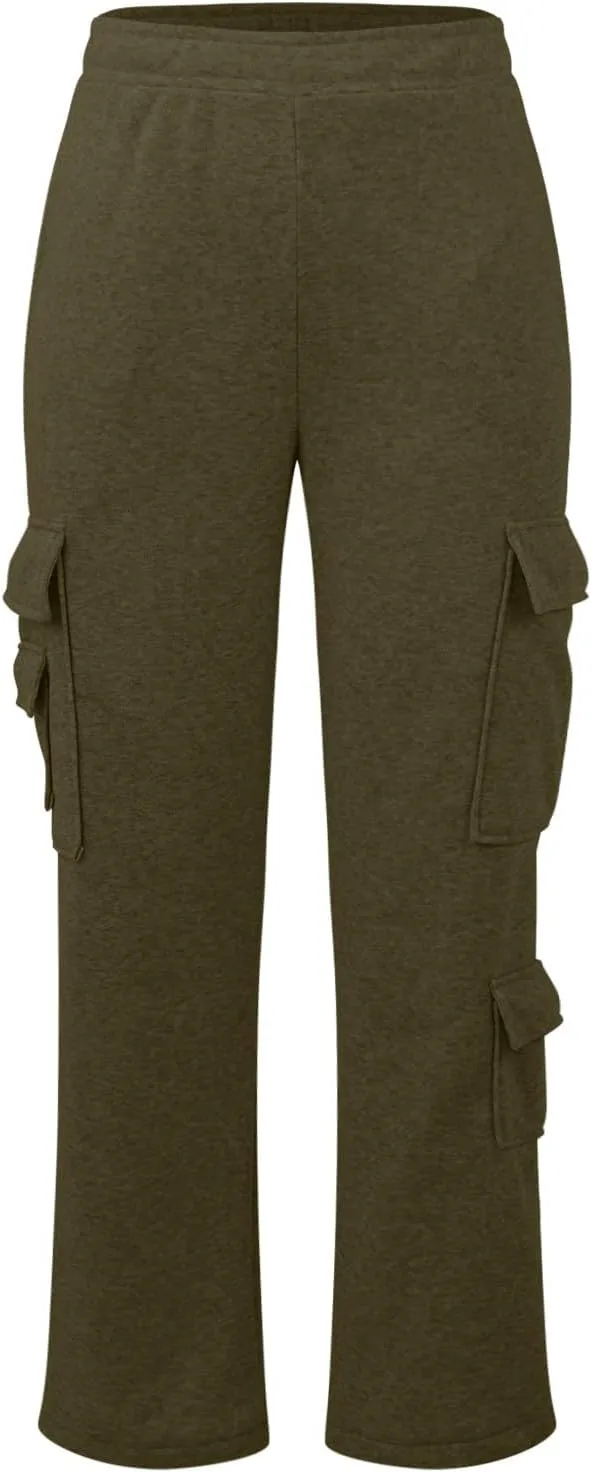 Womens Cargo Sweatpants Oversized Fleece Joggers with Pockets Elastic Waist Cargo Pants Baggy Straight Leg Sweatpants