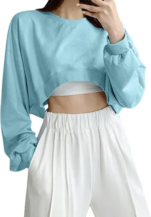 Womens Casual Solid Long Sleeve Loose Round Neck Crop Top Sweatshirt Tops Womens Plus Size Fleece Jacket Oversized Y2K Hoodie