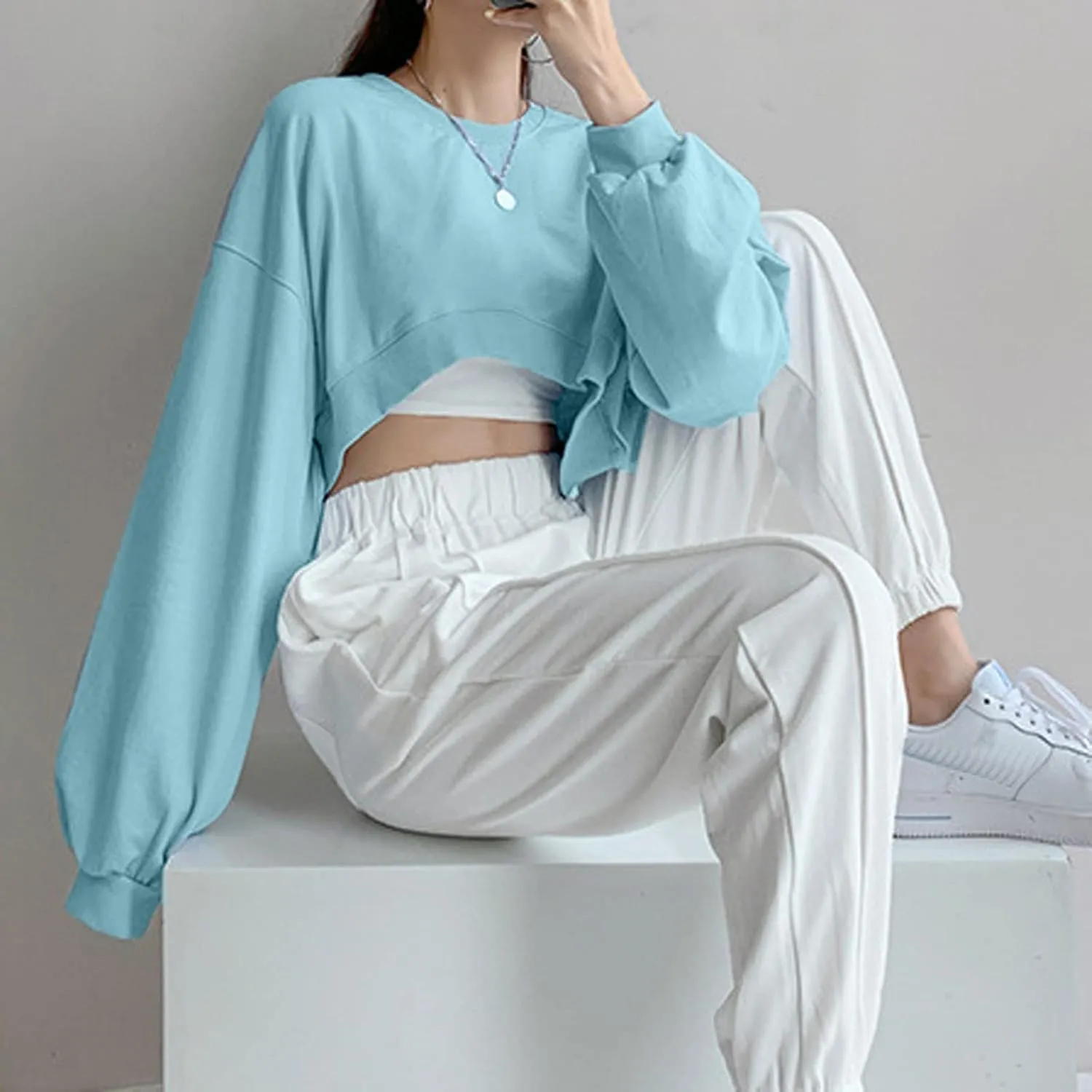 Womens Casual Solid Long Sleeve Loose Round Neck Crop Top Sweatshirt Tops Womens Plus Size Fleece Jacket Oversized Y2K Hoodie