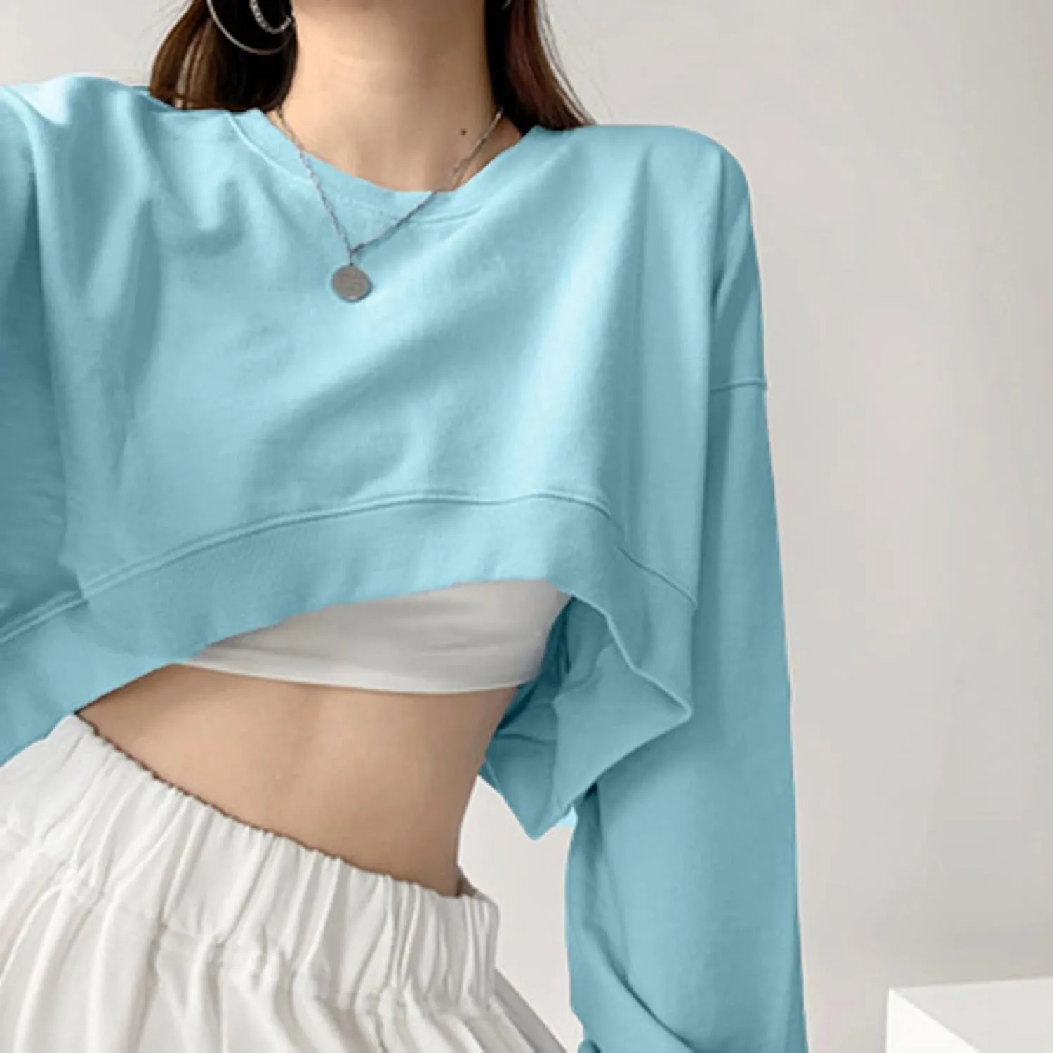 Womens Casual Solid Long Sleeve Loose Round Neck Crop Top Sweatshirt Tops Womens Plus Size Fleece Jacket Oversized Y2K Hoodie