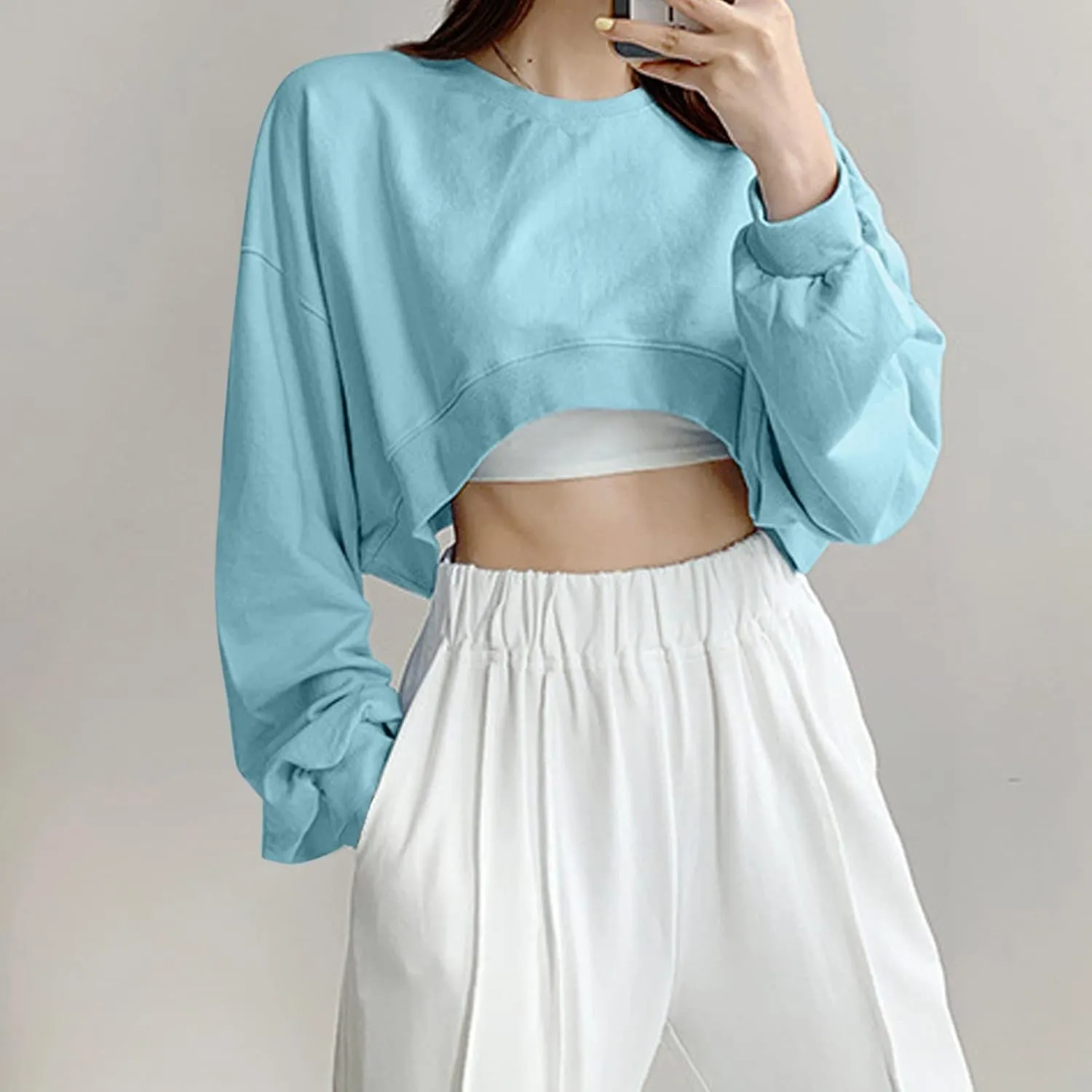 Womens Casual Solid Long Sleeve Loose Round Neck Crop Top Sweatshirt Tops Womens Plus Size Fleece Jacket Oversized Y2K Hoodie