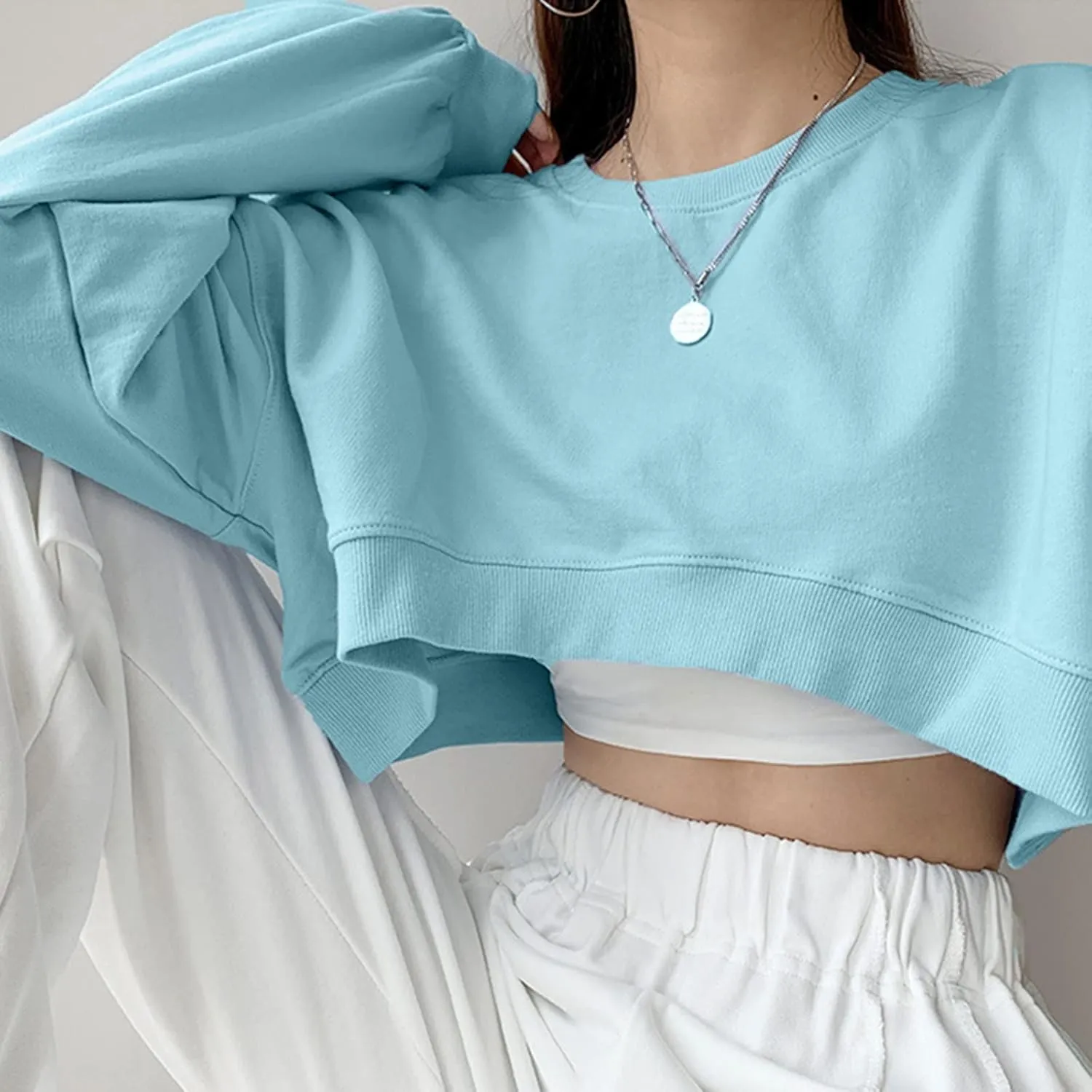 Womens Casual Solid Long Sleeve Loose Round Neck Crop Top Sweatshirt Tops Womens Plus Size Fleece Jacket Oversized Y2K Hoodie