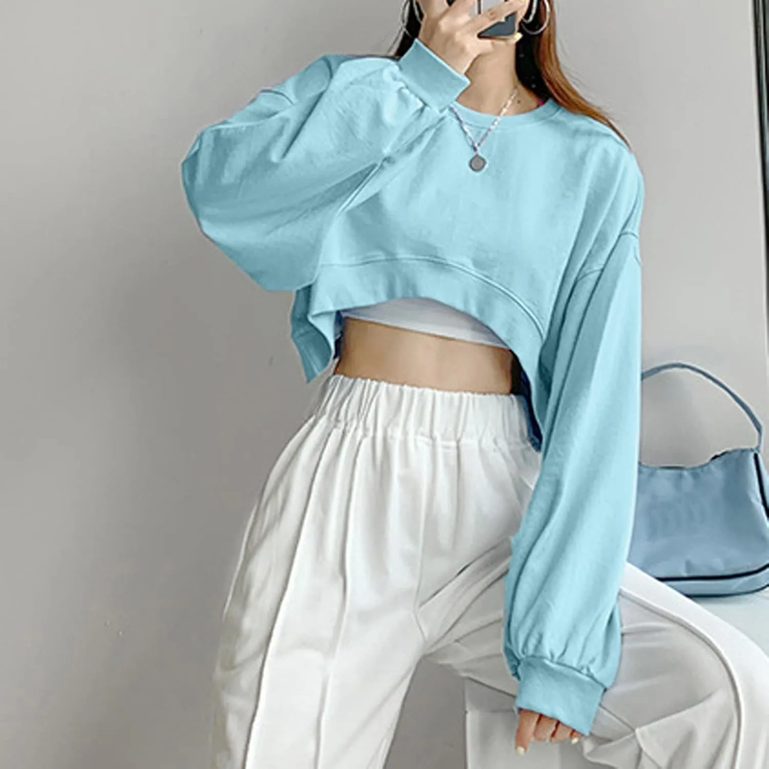 Womens Casual Solid Long Sleeve Loose Round Neck Crop Top Sweatshirt Tops Womens Plus Size Fleece Jacket Oversized Y2K Hoodie