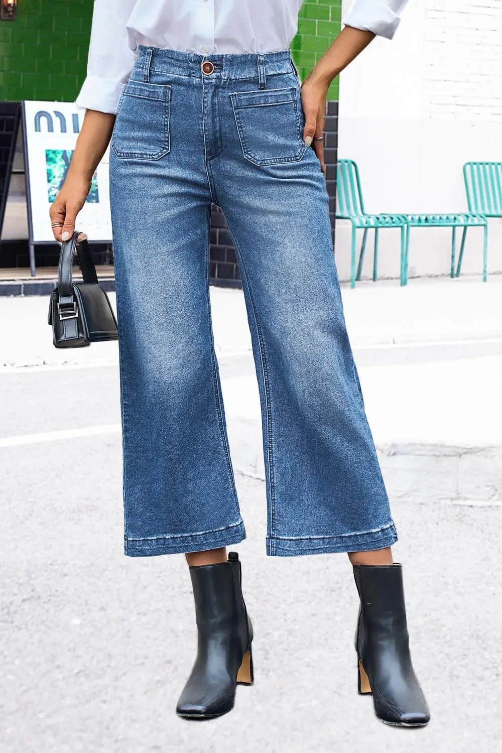 Womens Cropped High Waist Wide-Leg Baggy Jeans Stretchy Straight Leg Flared Jeans Trendy Denim Pants