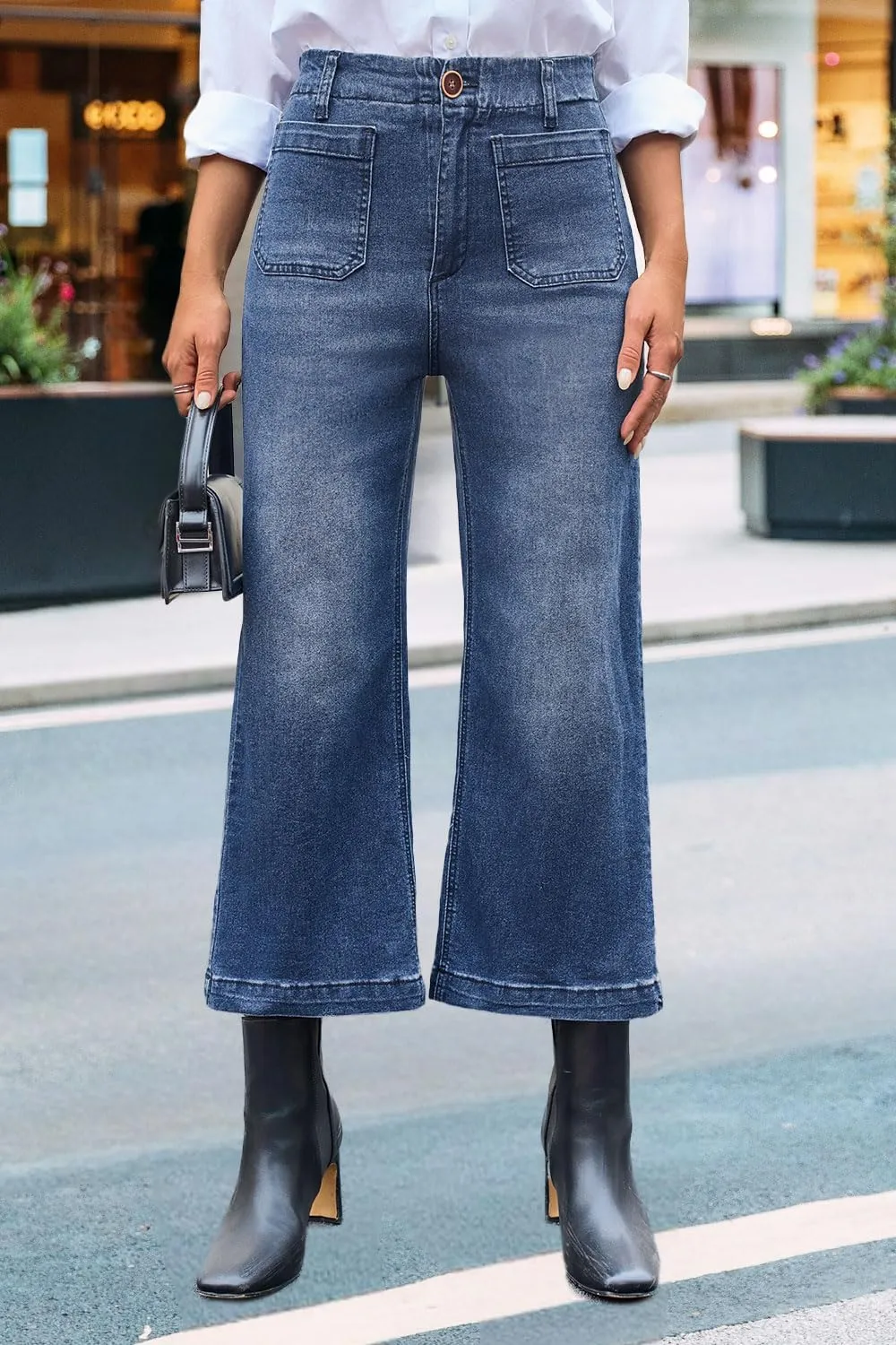 Womens Cropped High Waist Wide-Leg Baggy Jeans Stretchy Straight Leg Flared Jeans Trendy Denim Pants
