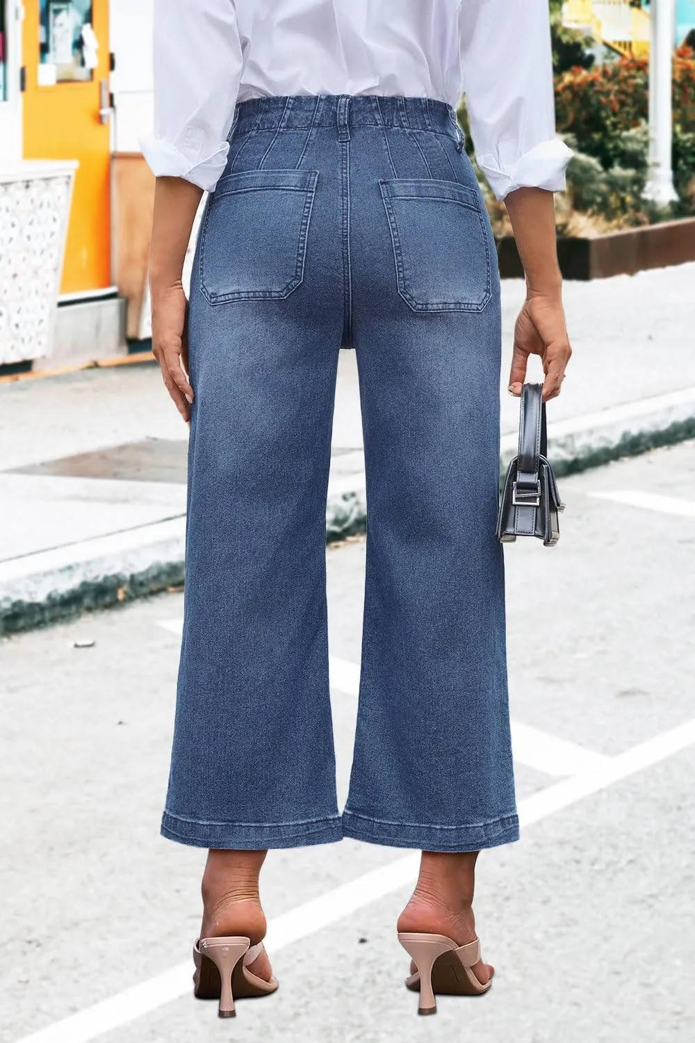 Womens Cropped High Waist Wide-Leg Baggy Jeans Stretchy Straight Leg Flared Jeans Trendy Denim Pants