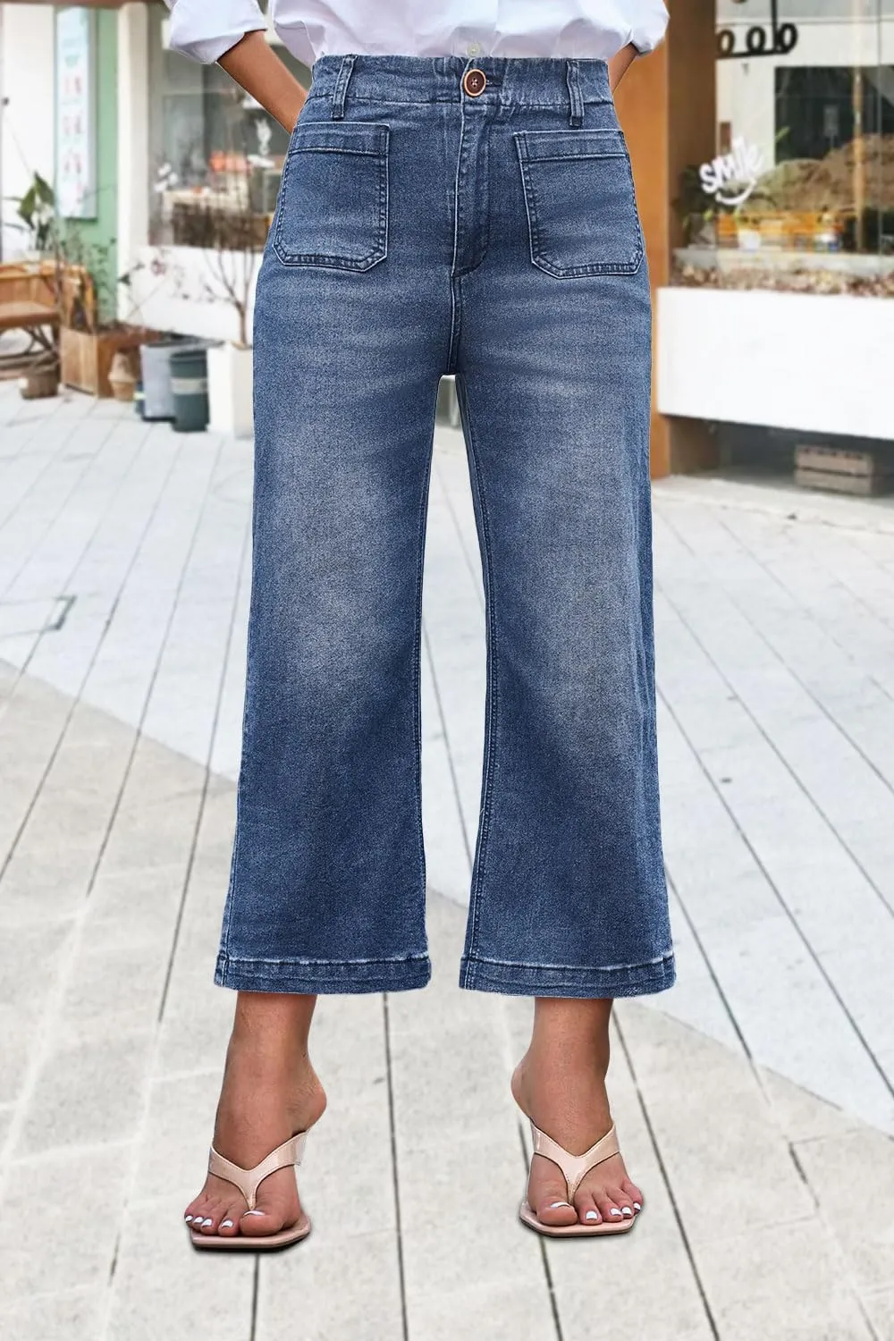 Womens Cropped High Waist Wide-Leg Baggy Jeans Stretchy Straight Leg Flared Jeans Trendy Denim Pants