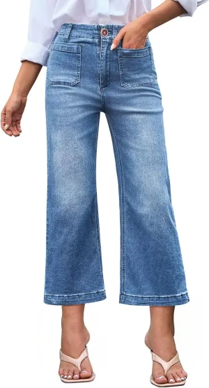 Womens Cropped High Waist Wide-Leg Baggy Jeans Stretchy Straight Leg Flared Jeans Trendy Denim Pants